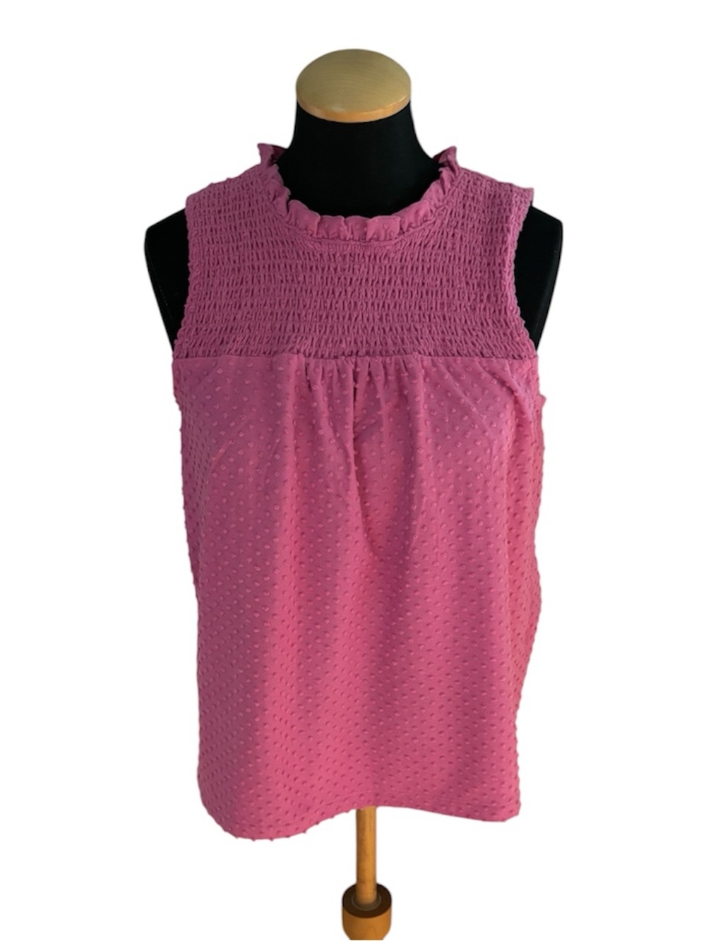 J.Crew Smocked Clip Dot Sleeveless Top Pink Ruffle Neck Size M - Picture 2 of 10